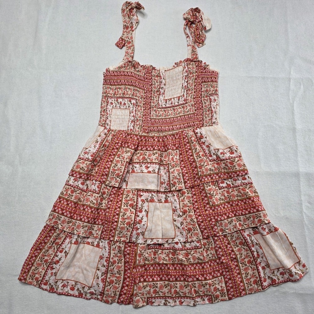 American Eagle Patchwork‎ Printed Floral Smocked Tiered Mini Dress M Boho NWT